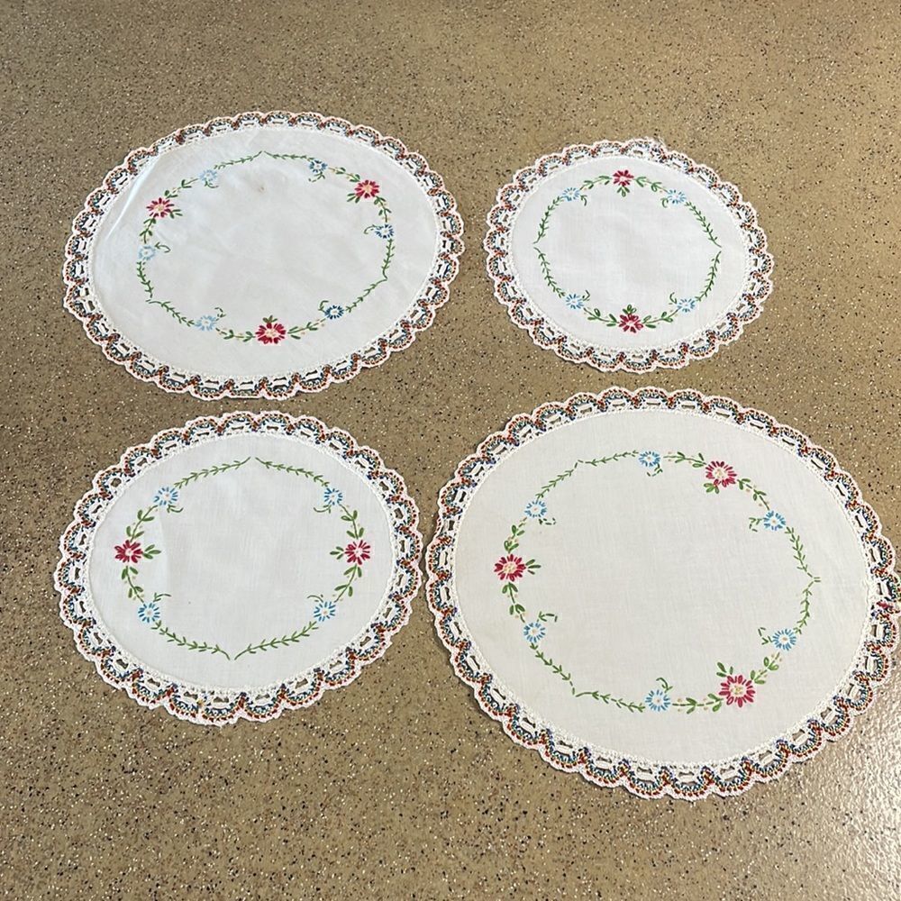 Set of 4 Handmade Doilies Embroidery & Intricate Crochet Trim